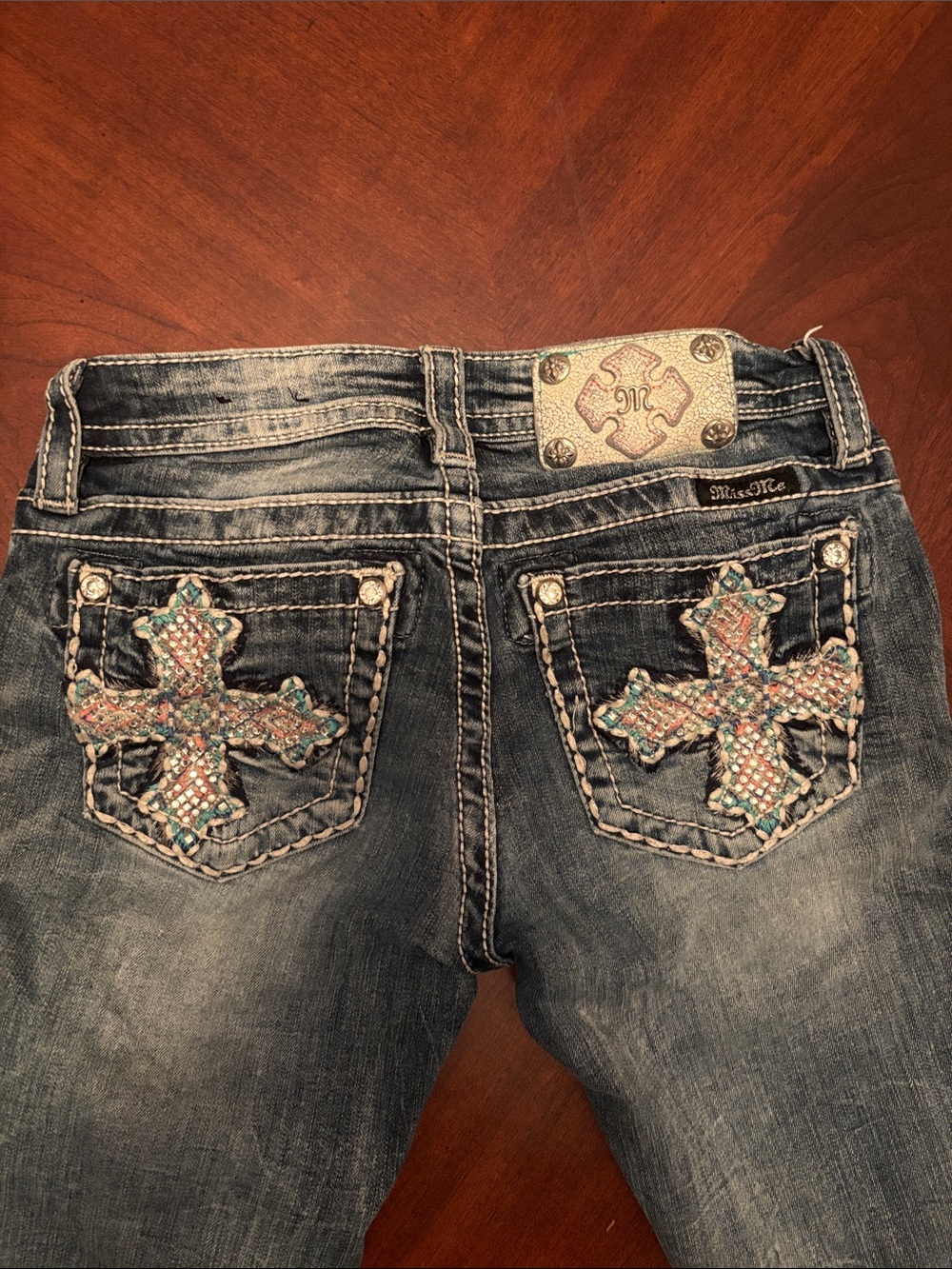 Miss Me Denim Jeans with Rhinestone Cross Pocket Accents - Blue